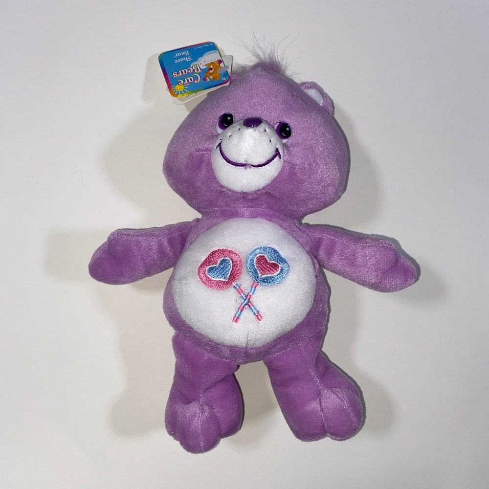 Care Bears Share Bear Plush Purple 2 Heart Lollipops Stuffed Animal New With Tag